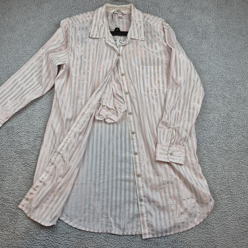 Victoria's Secret 2 Piece Sleep Shirt & Shorts Large Pink White Metallic Stripe